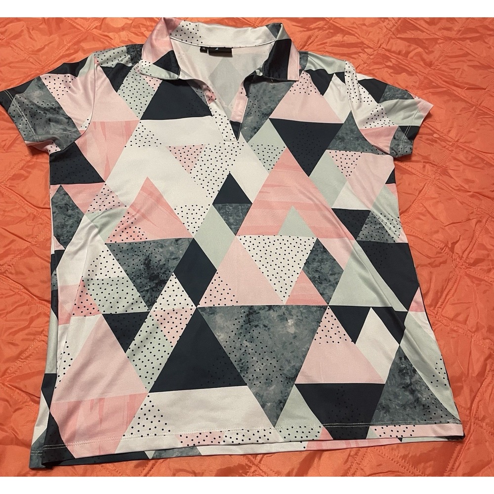 Yatta Golf Shirt Women Size XL Polo Pink Gray‎ Black Colorful Geometric Stretch